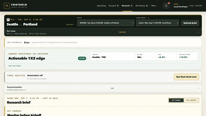 Footgold research board showing a saved match brief, rest differential, forecast baseline, evidence, and final-analysis status.